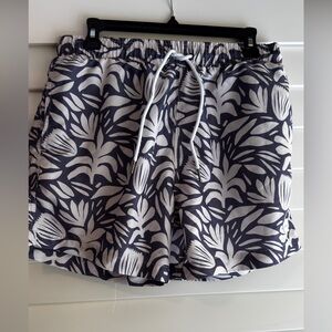 Navy and White Leaf Print Men's Swim Board Shorts